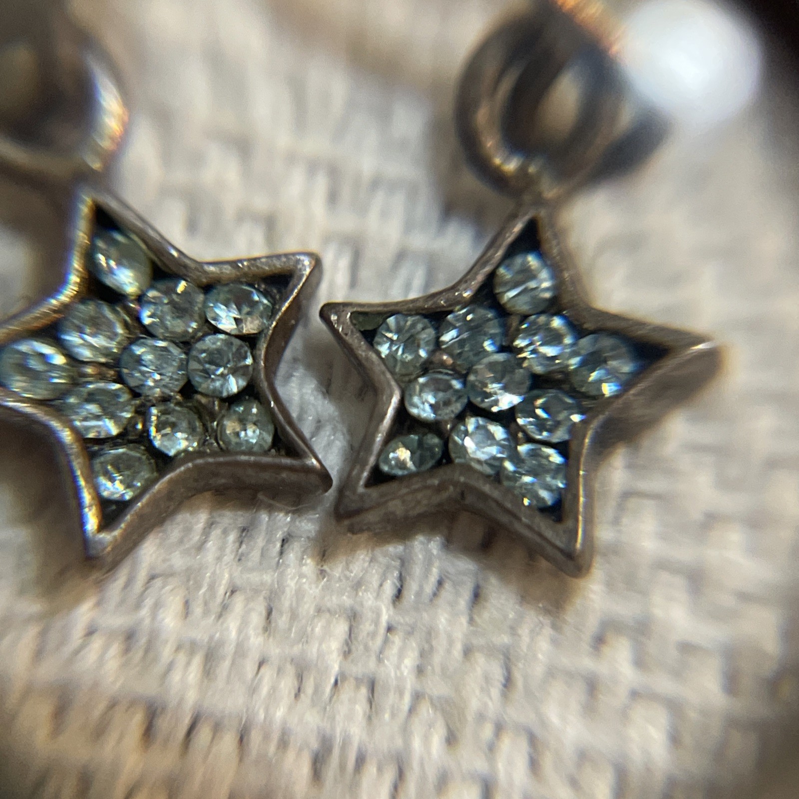 Vintage Sterling Silver Blue Crystal Pave Star Dangle Earrings Artisan Signed