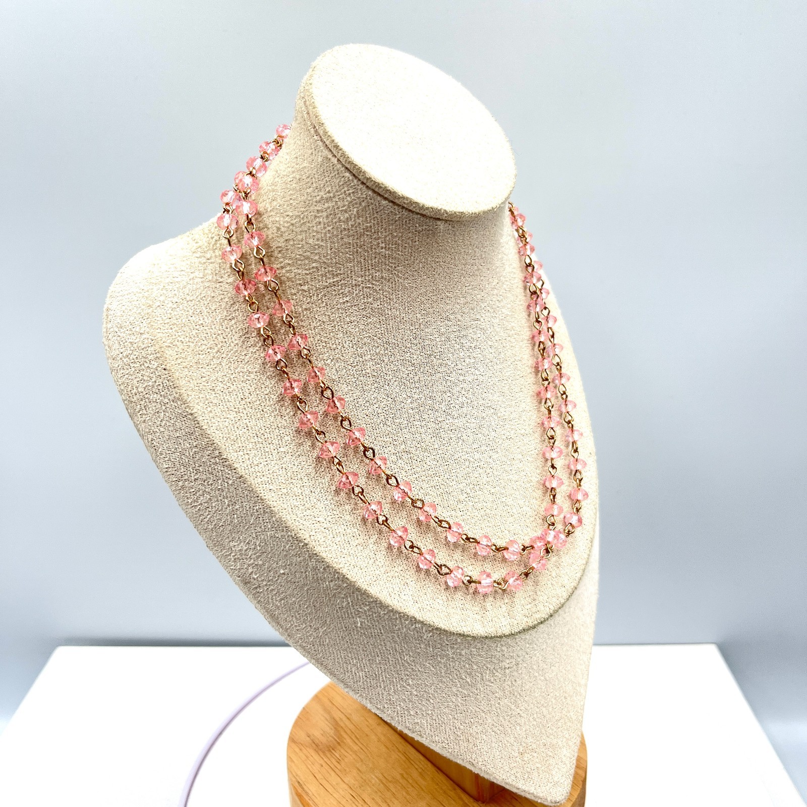 Vintage Y2K Pink Faceted Crystal Beaded Rosary Style Chain Necklace Gold Tone
