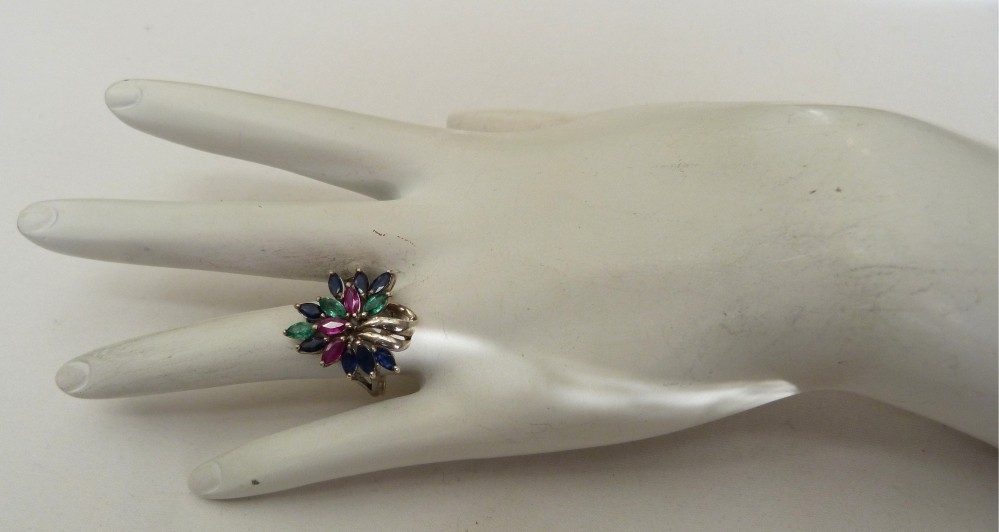 DESIGNER SIGNED EMERALD SAPPHIRE RUBY GEMSTONES STERLING SILVER RING SIZE 9