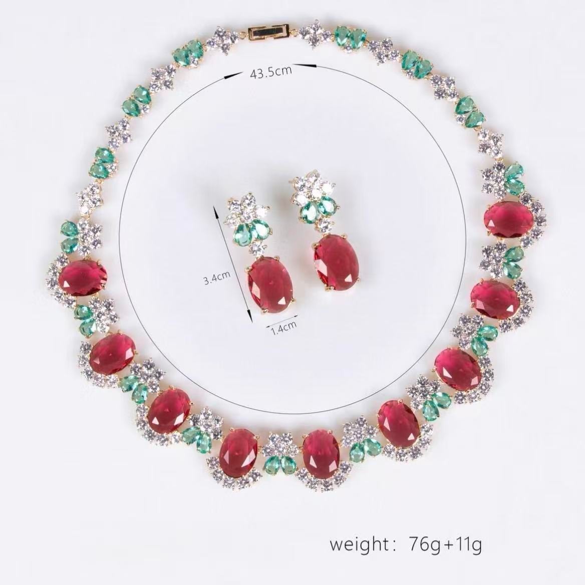 Vintage Ruby & Emerald Crystal Necklace Earrings Set Gold Tone Estate