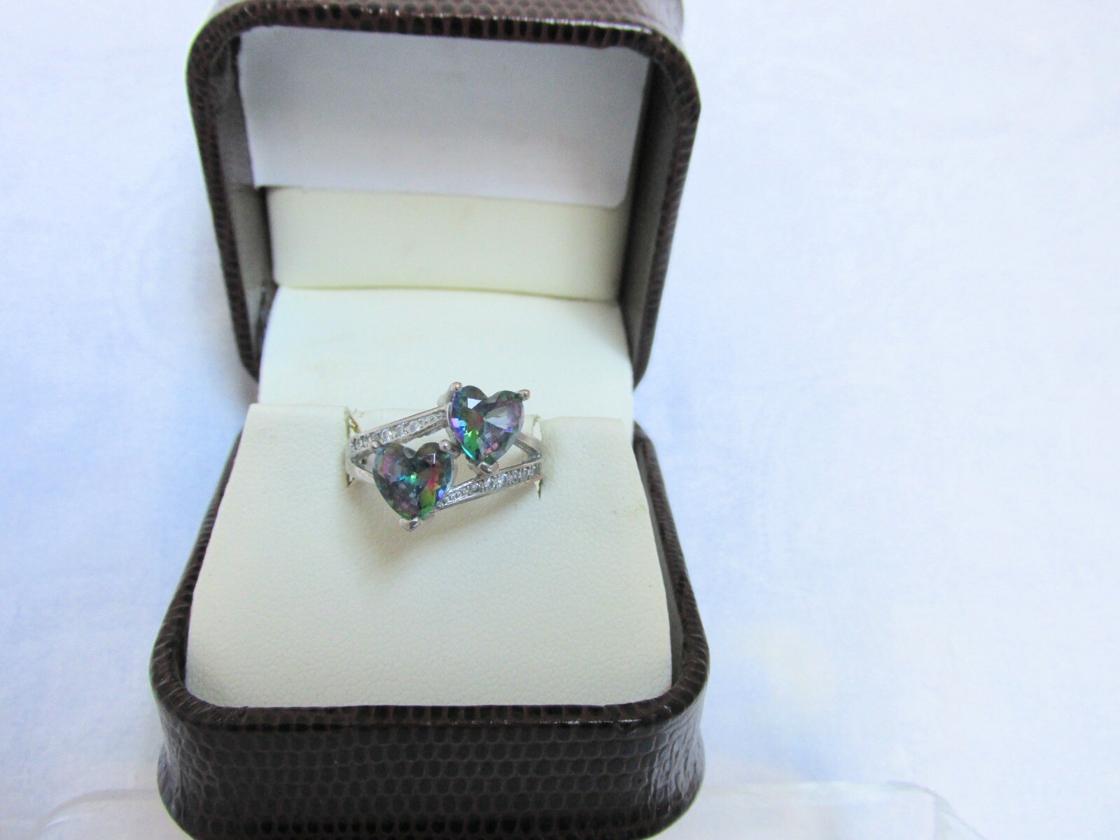Vintage 925 Sterling Silver Mystic Topaz Double Hearts Ring Signed Sz 6