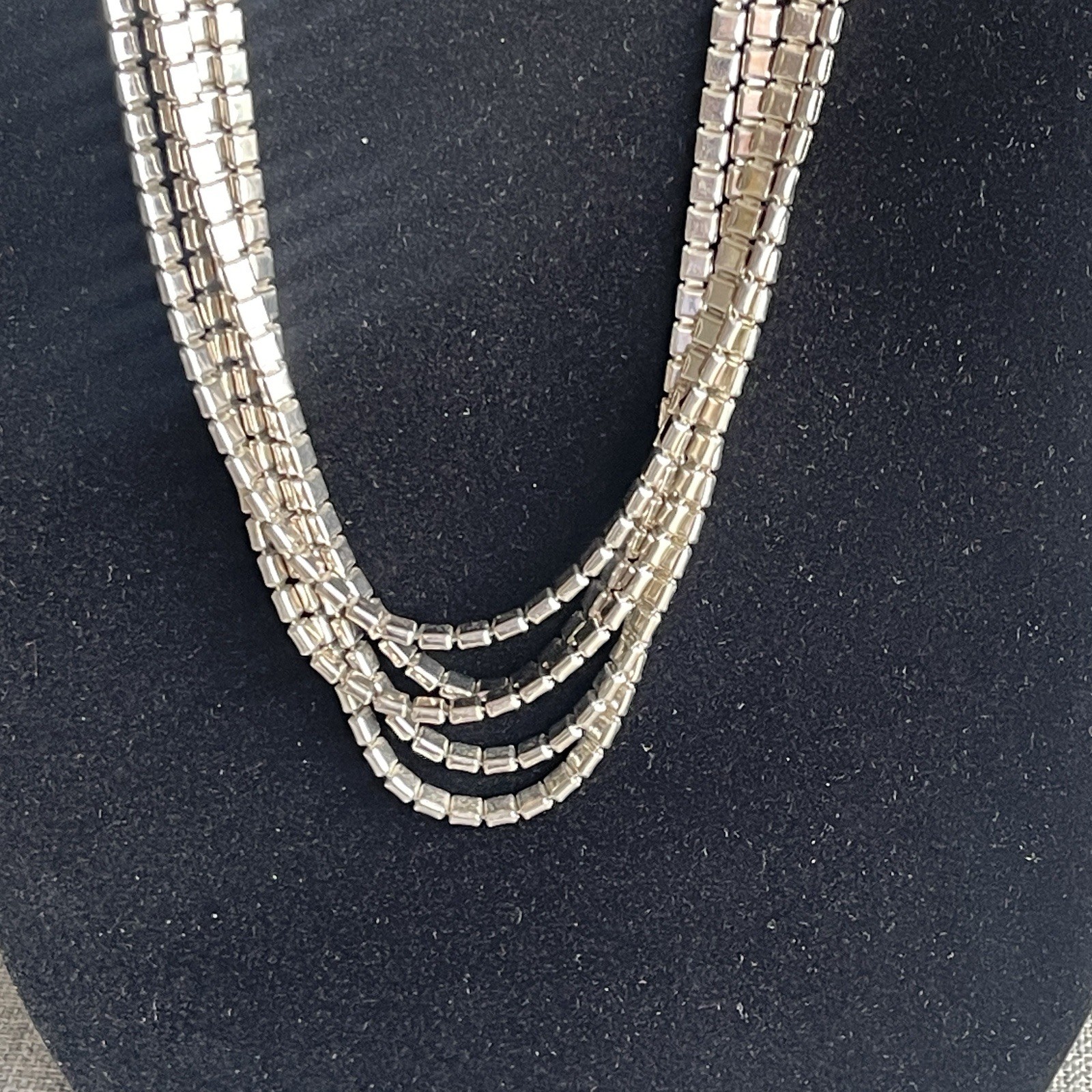 Vintage Silver Tone Metal Drape 5 Strand Necklace MCM Claw Clasp 25” Adjustable