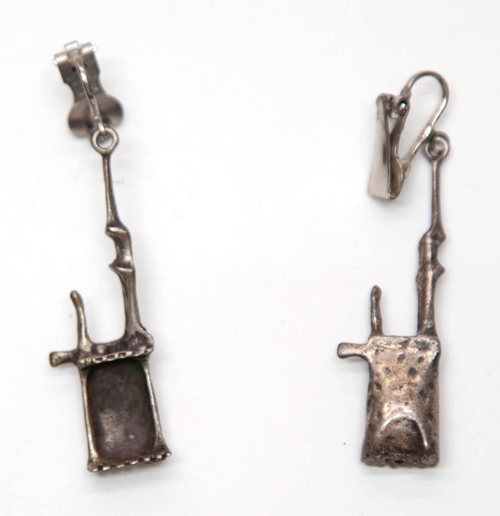 Antique Sterling Silver Coal Miner Wheelbarrow Artisan Clip-On Earrings