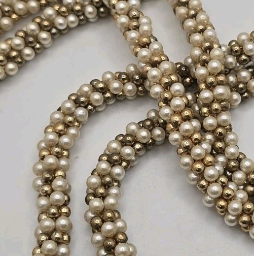 Vintage White Champagne Gold Tone Beaded Rope Necklace Long 30″ Single Double