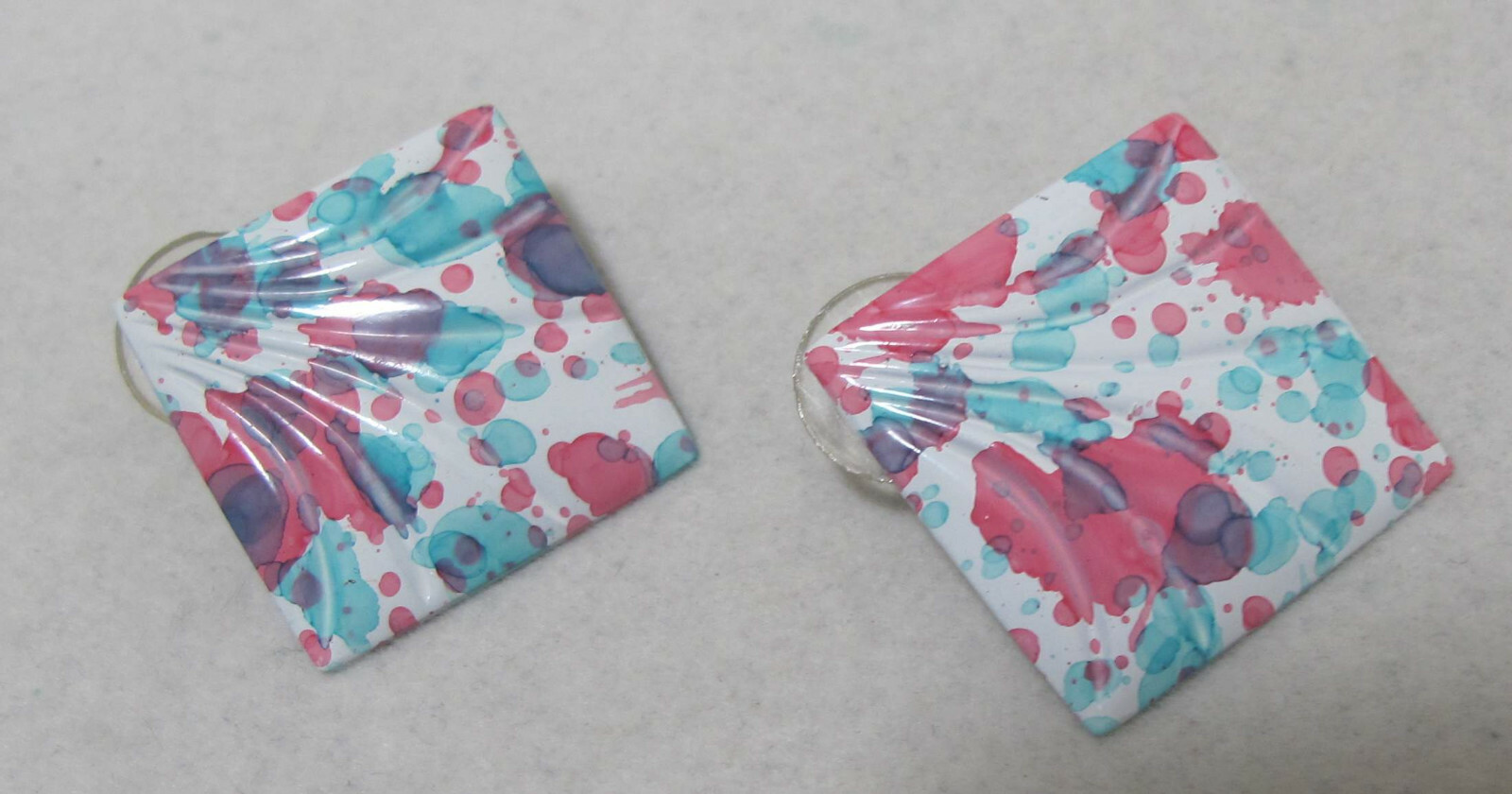 Fun! Vintage Pink Purple Aqua White Splatter Enamel Diamond-Shape Post Earrings