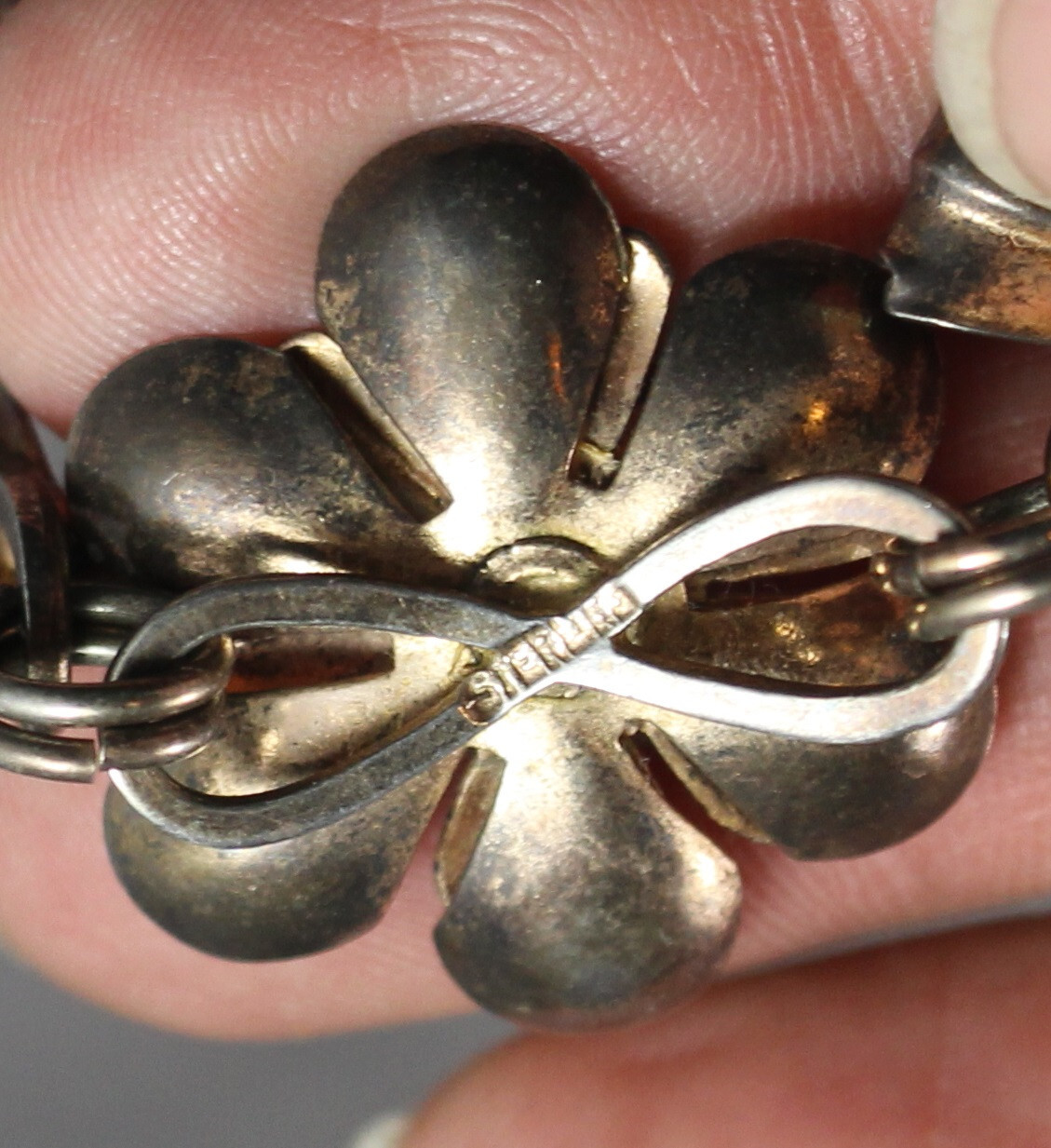 Vintage 1930s Bracelet Gold Wash Sterling Silver Flowers w Faceted Purple Stones