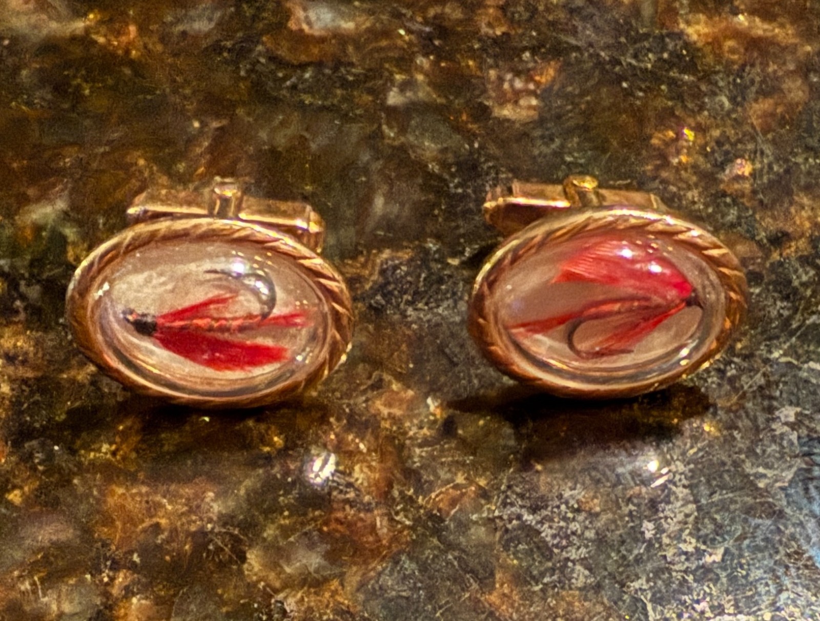 1930s-1950s-Krementz Gold Plated Lucite Fly Fishing Lure Cufflinks-Bubble Dome