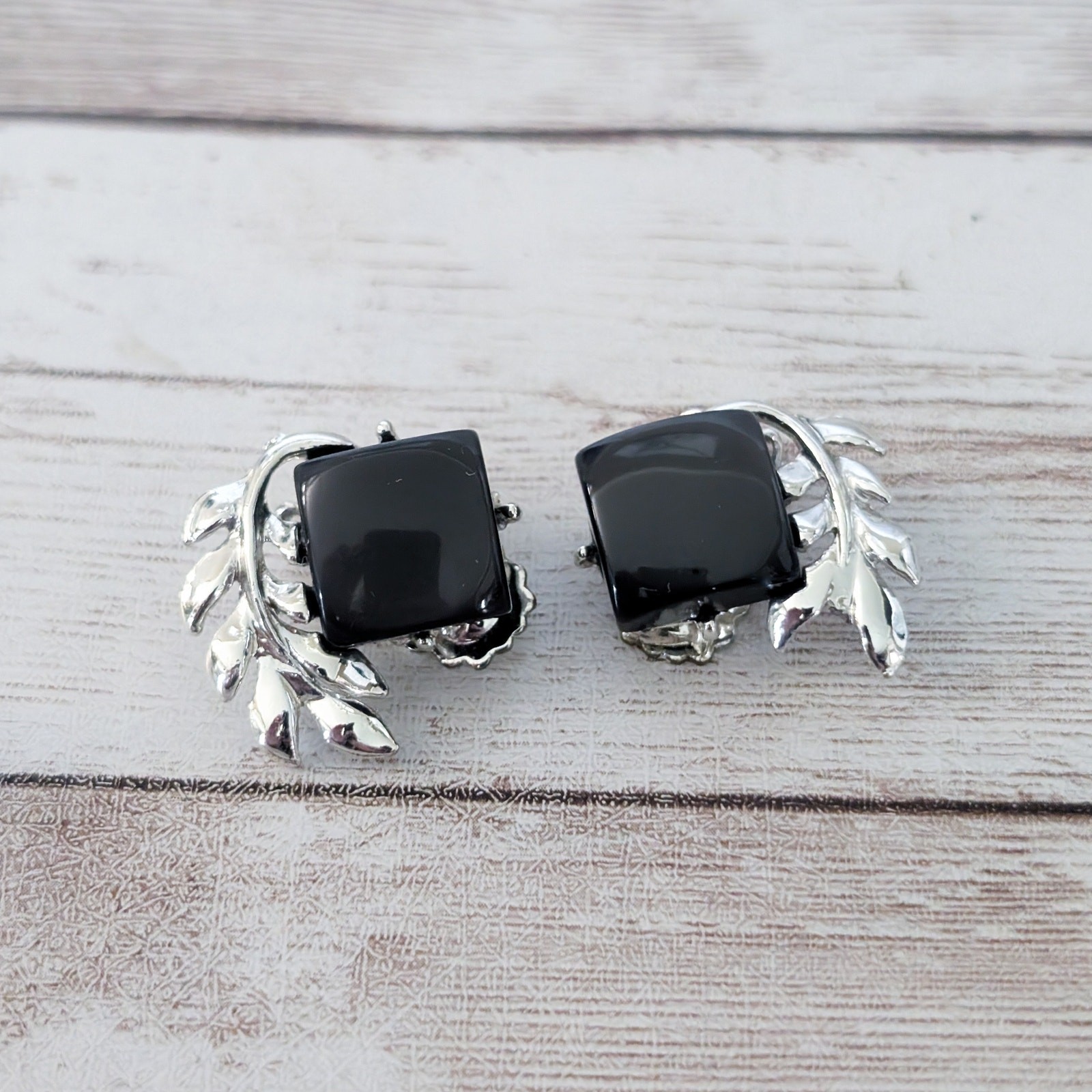 Vintage Clip On Earrings Regal Black with Silver Tone Branch Statement