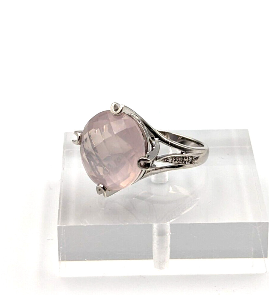 Sterling Silver 925 Checkerboard Cut Pink Chalcedony Clear Topaz Ring Sz 6