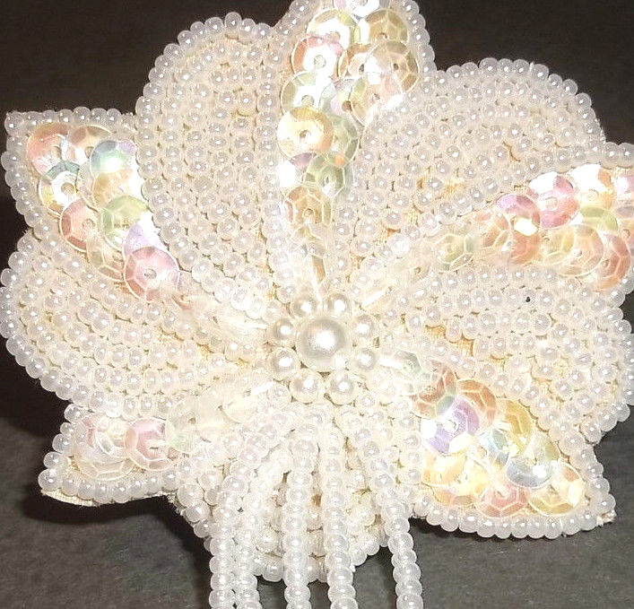 WHITE GLASS BEAD & SEQUIN BROOCH/ PIN-,pearlized seed beads ,satin back