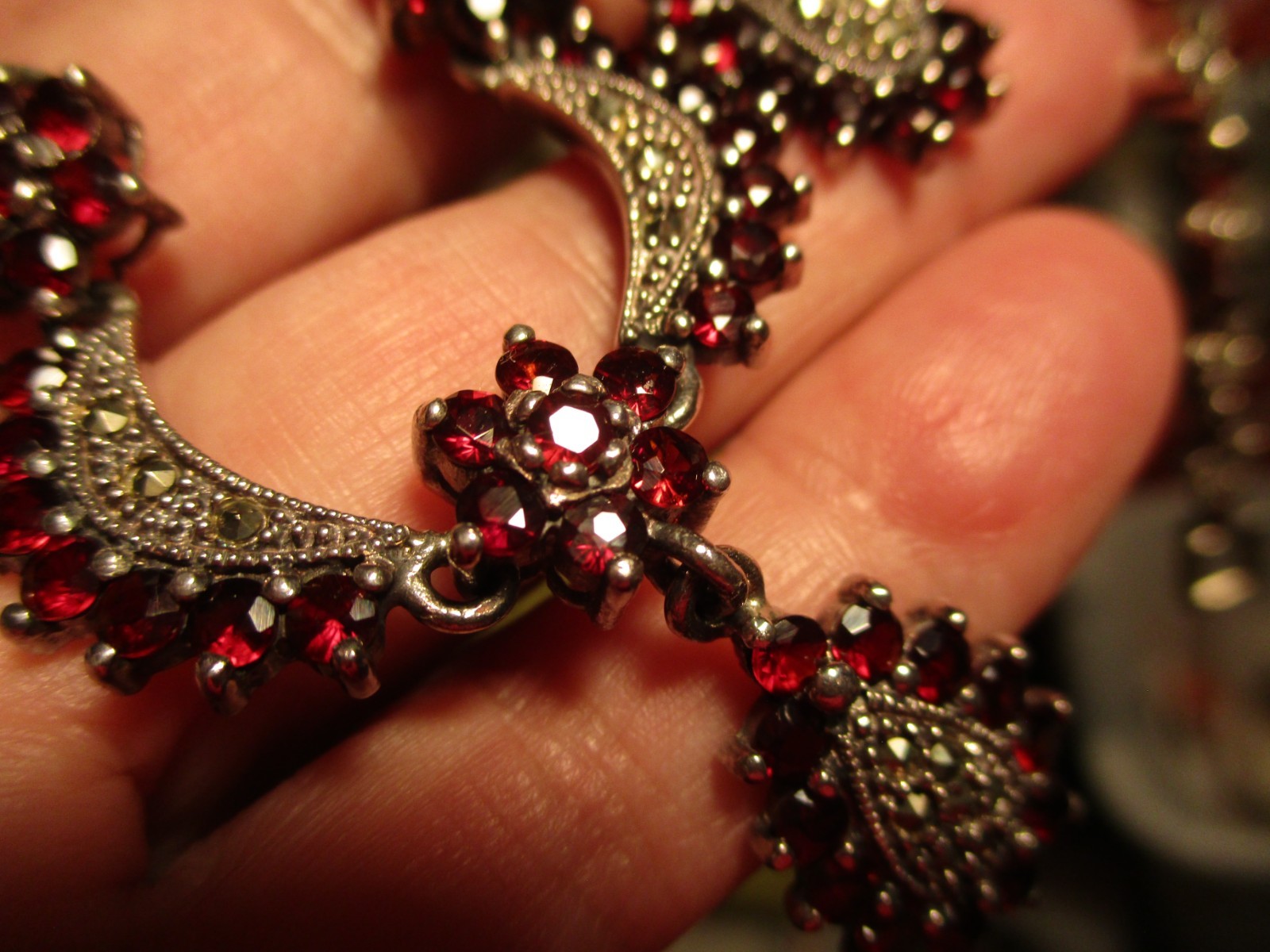 vintage GARNET necklace Sterling Silver 925 Czech 2 oz. sparkly Marcasites 17.5″
