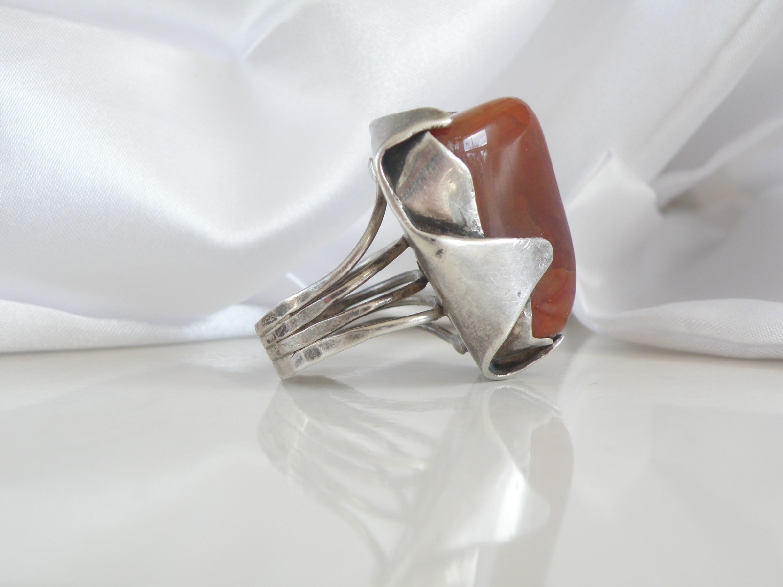 Vintage Sterling Silver 925 Banded Agate Brutalist Modernist Statement Ring 7