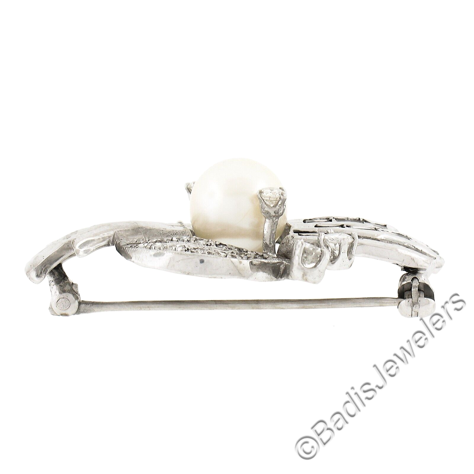 Vintage Mid Century 14K White Gold 1.2ct Diamond & FINE Pearl Cluster Pin Brooch