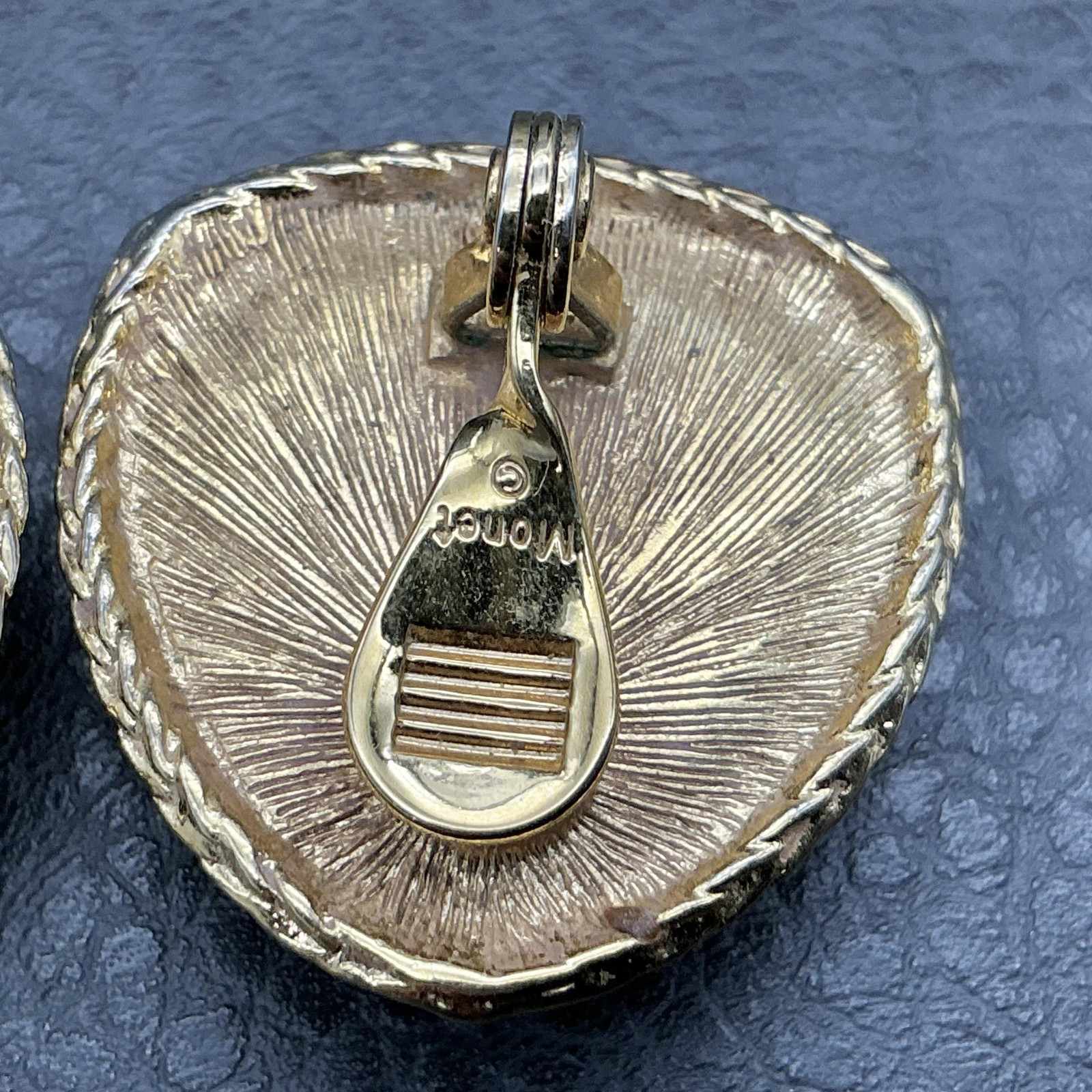 Vintage Monet Clip-On Earrings Gold Tone Wreath Red Cabochon Trillion Statement