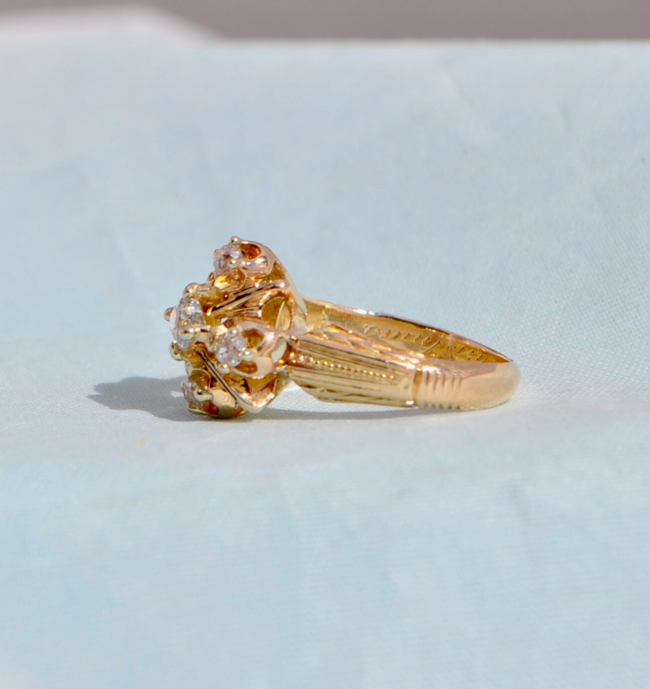 Old Antique Victorian 18K Solid Gold Old Mine Cut Diamond Ring Engraved Cluster