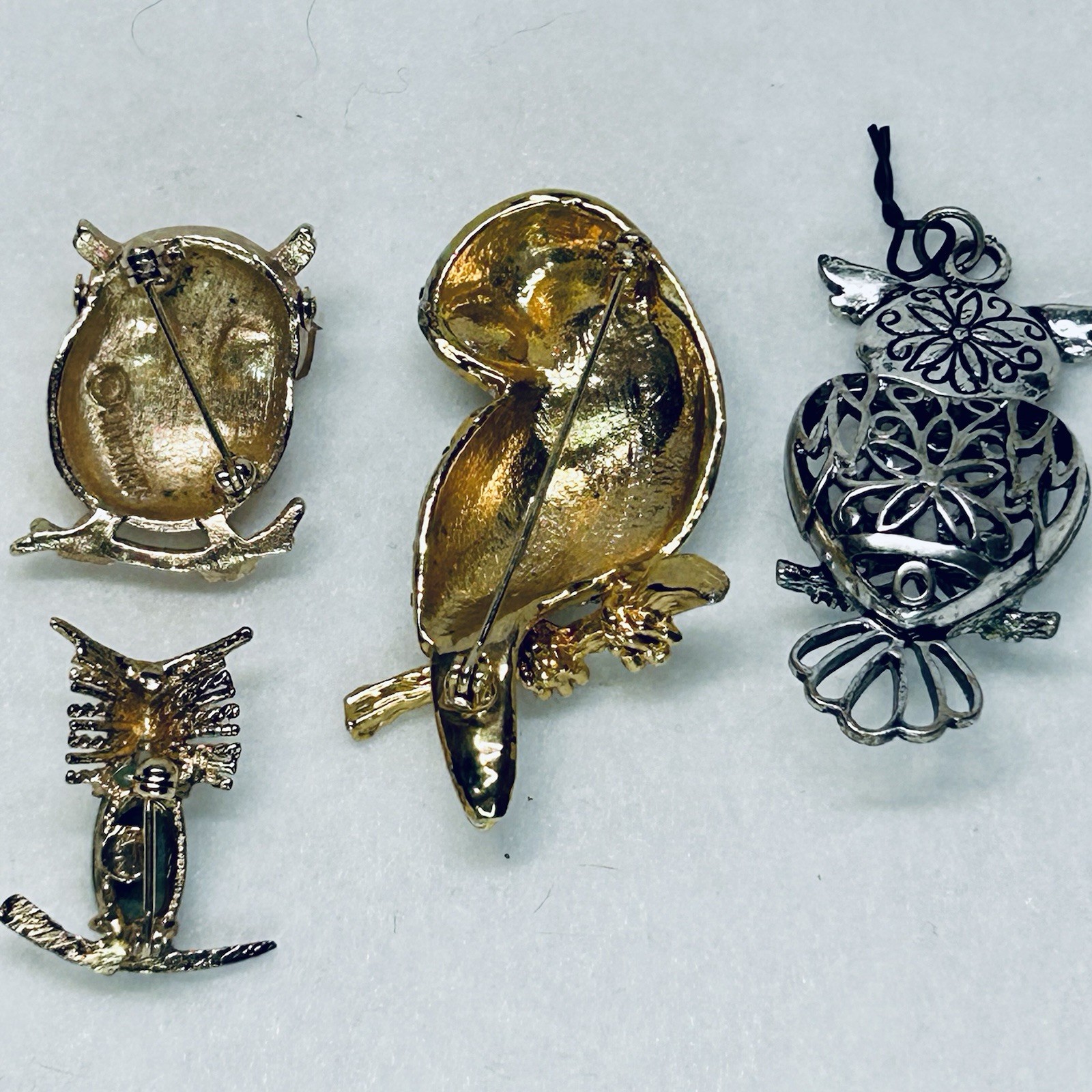 Lot of 3 Vintage Owl Figural Brooches 1 Owl Pendant Sarah Coventry, Sterling AC