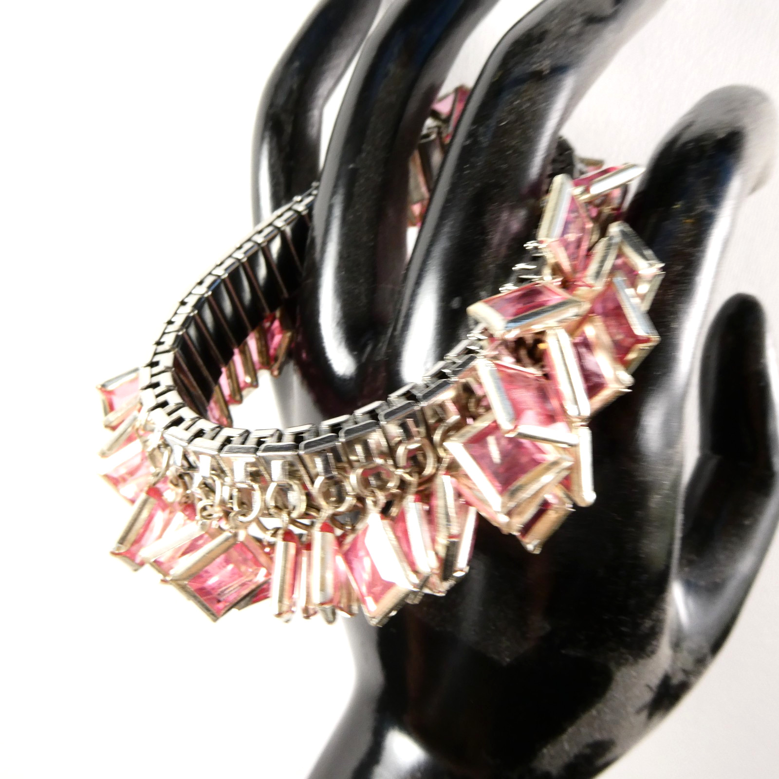 Vintage PINK Square Faux Crystals CHA-CHA Bracelet Silver Tone Expansion Stretch