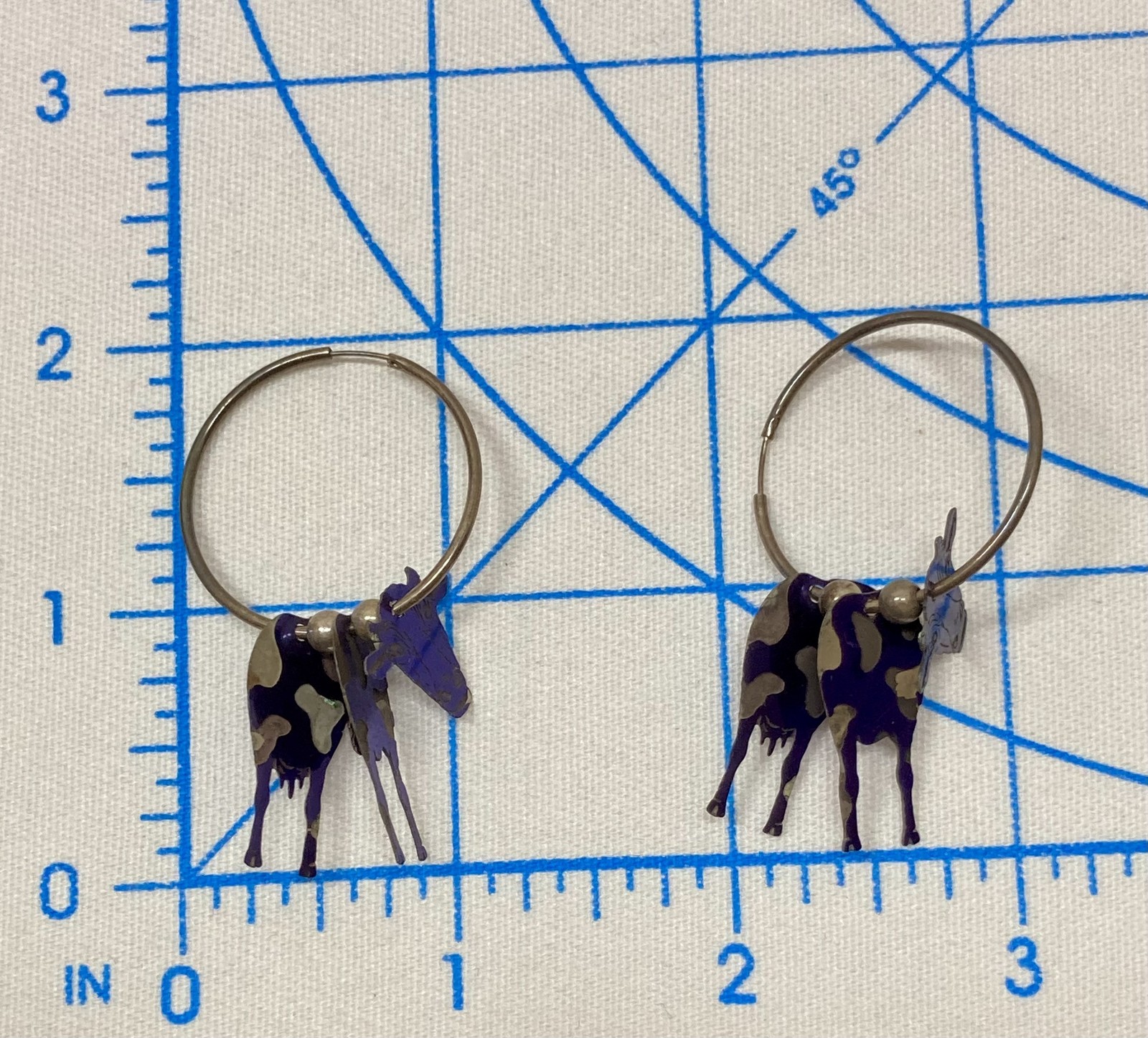 Vtg Sterling Silver 925 Blue Cow Hoop Pierced Earrings Animal Charm Dangle Drop