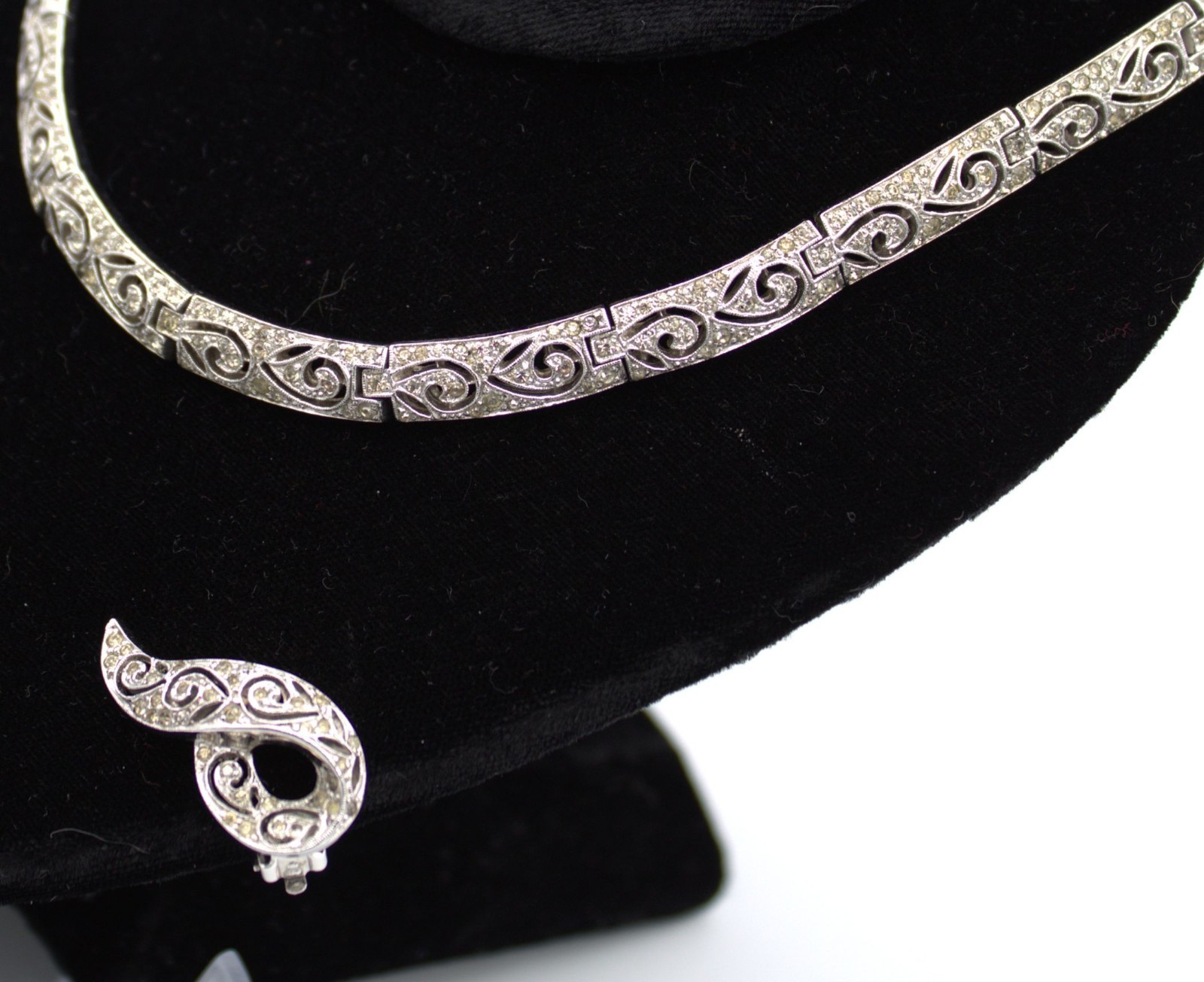 Panetta 1940s Cutout Scroll Rhinestone Necklace Clip Earring Set; Book Reference