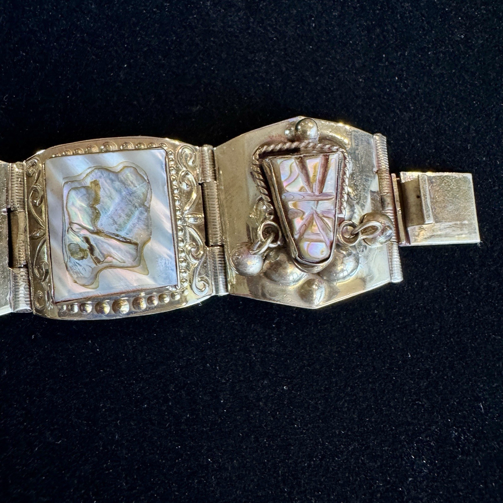 Vintage Mexico JZ Alpaca Silver Abalone Panel Bracelet Tribal Boho 7.25”