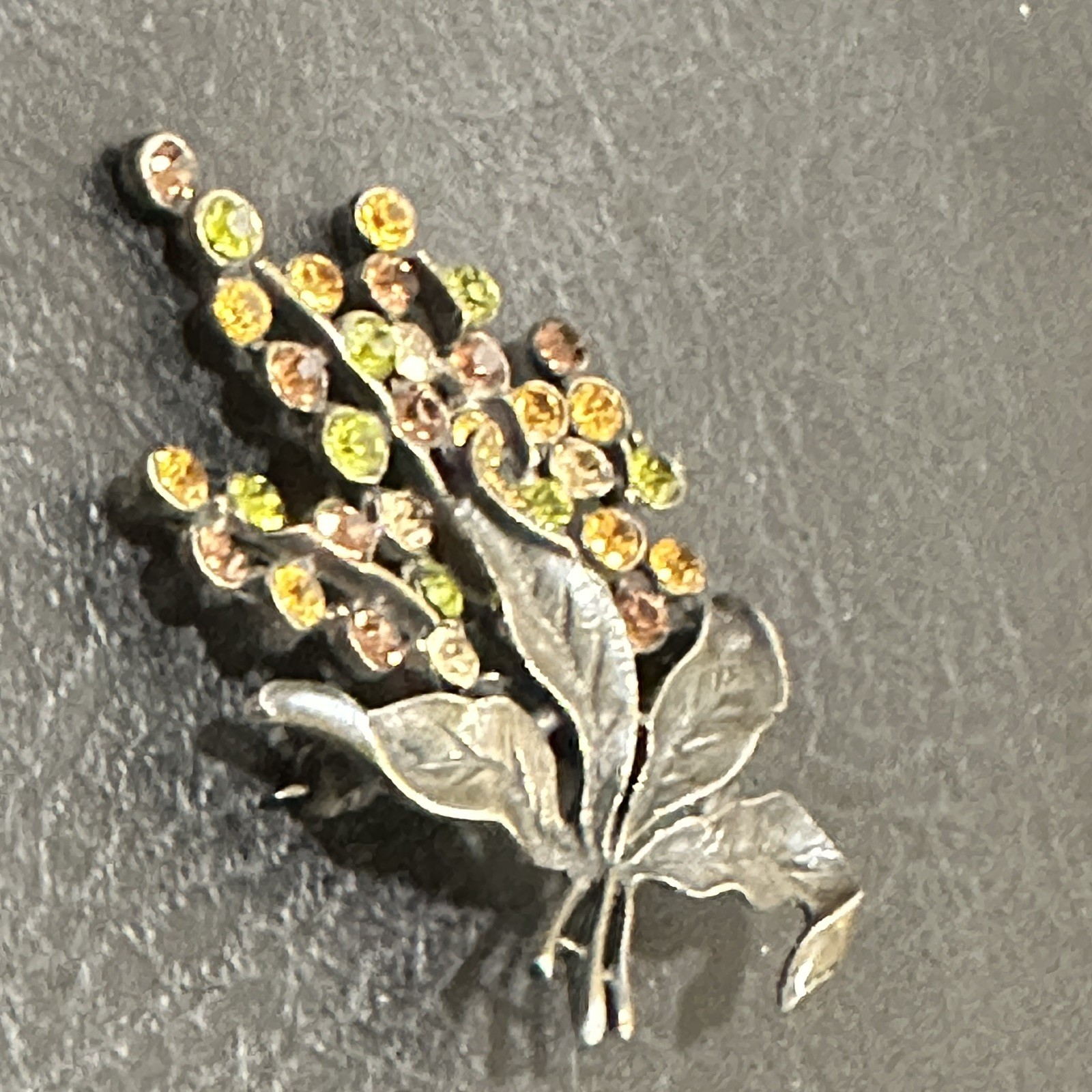 Vintage Rhinestone Leaf Spray Brooch Green Gold Brown Fall Colors Sparkle Autumn