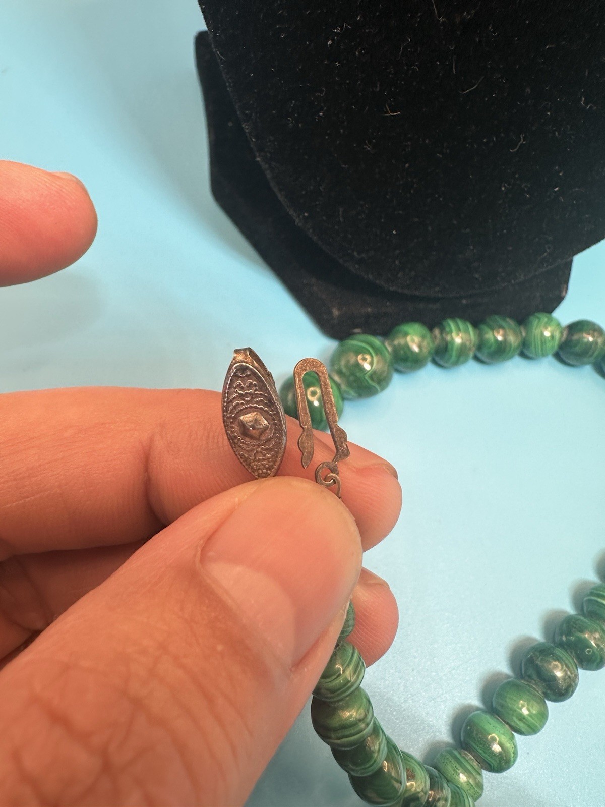 Vintage Malachite Stones Stunning Necklace 22.5” .925 Sterling Fish Hook Clasp