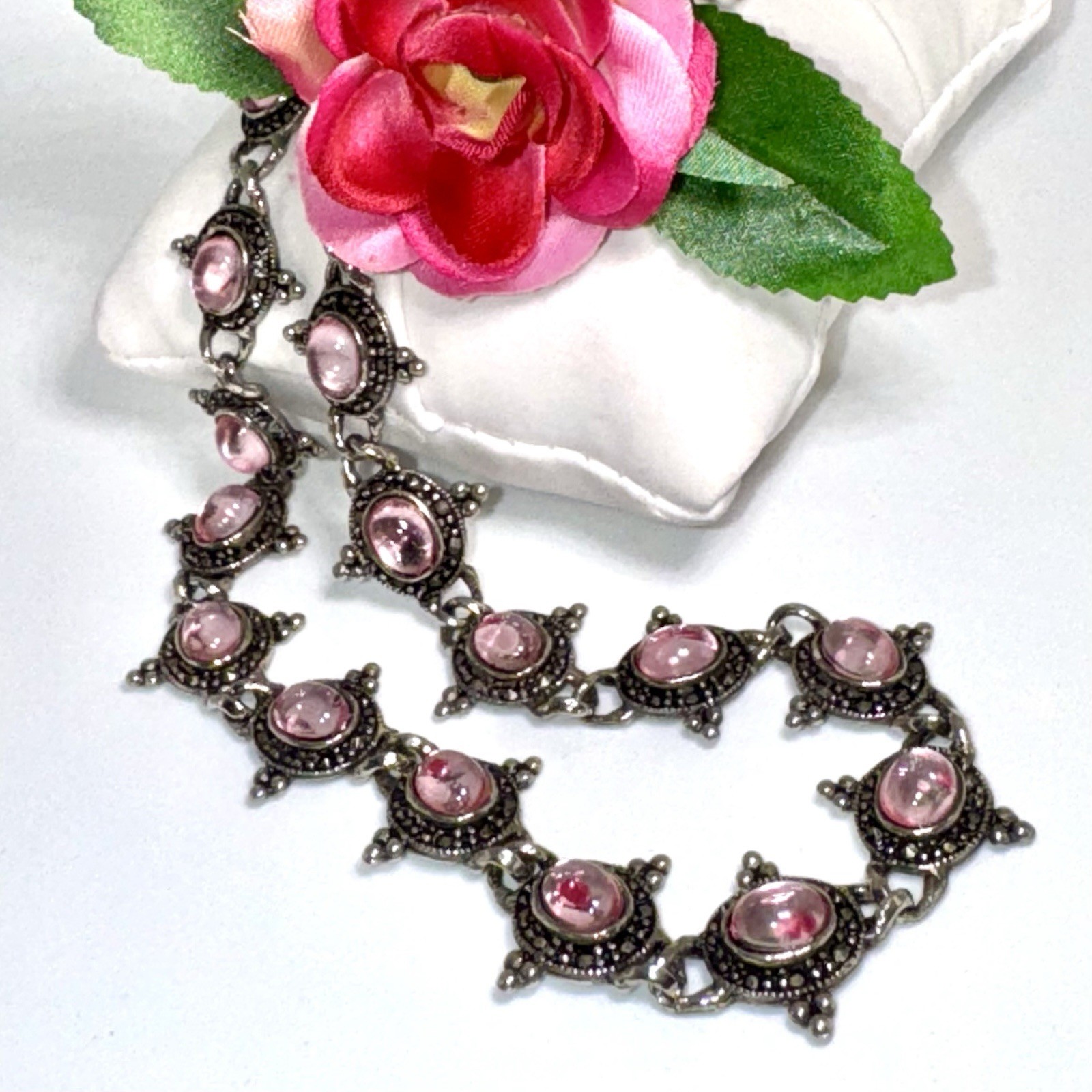 Vintage Silver Beaded & Marcasite Collar Necklace, Bezel Set With Pink Cabochons