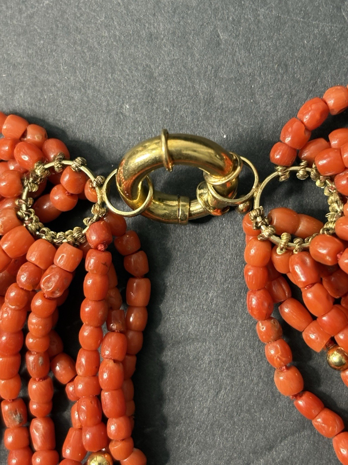 Vintage 18k Gold Multi Strand Coral Necklace Statement Chunky European 17”