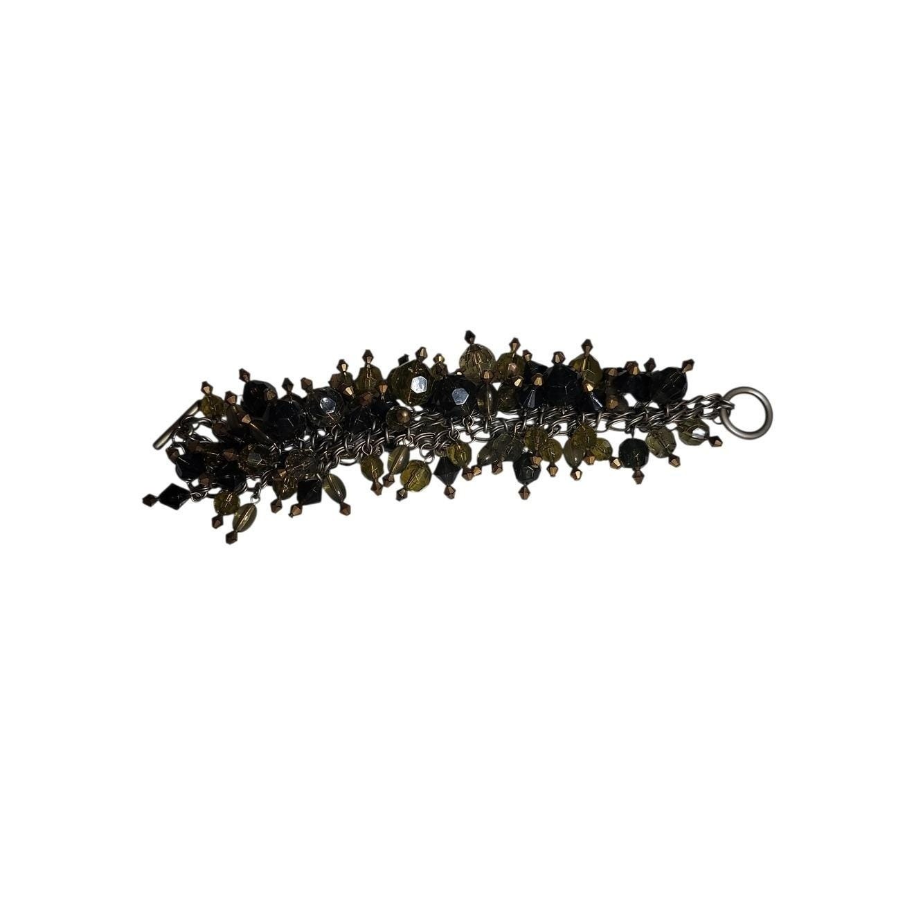 Vintage Cha Cha Cluster Bracelet Olive Green Smoky Gray Beaded Toggle Bracelet 6
