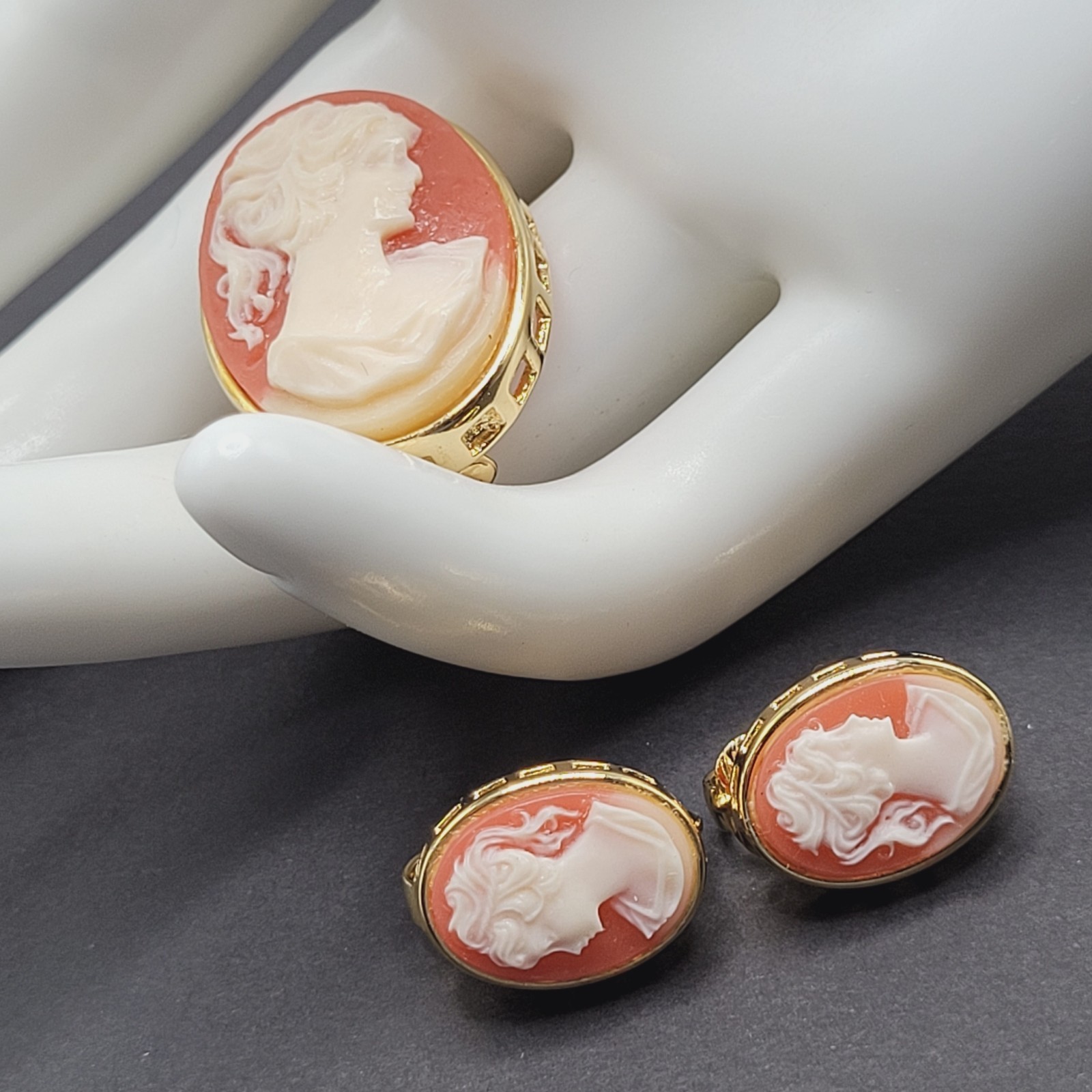 Cameo Set Resin Backed Gold Tone Open Works Frame Salmon Coral Color Revival