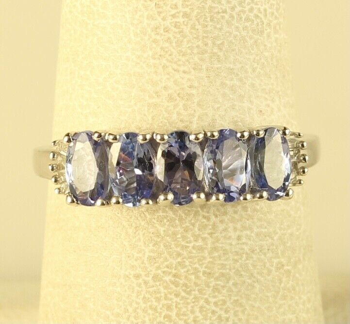 Vtg Signed Sterling D’Joy 5 Stones Tanzanite Channel Diamond Accent Ring 7 1/4