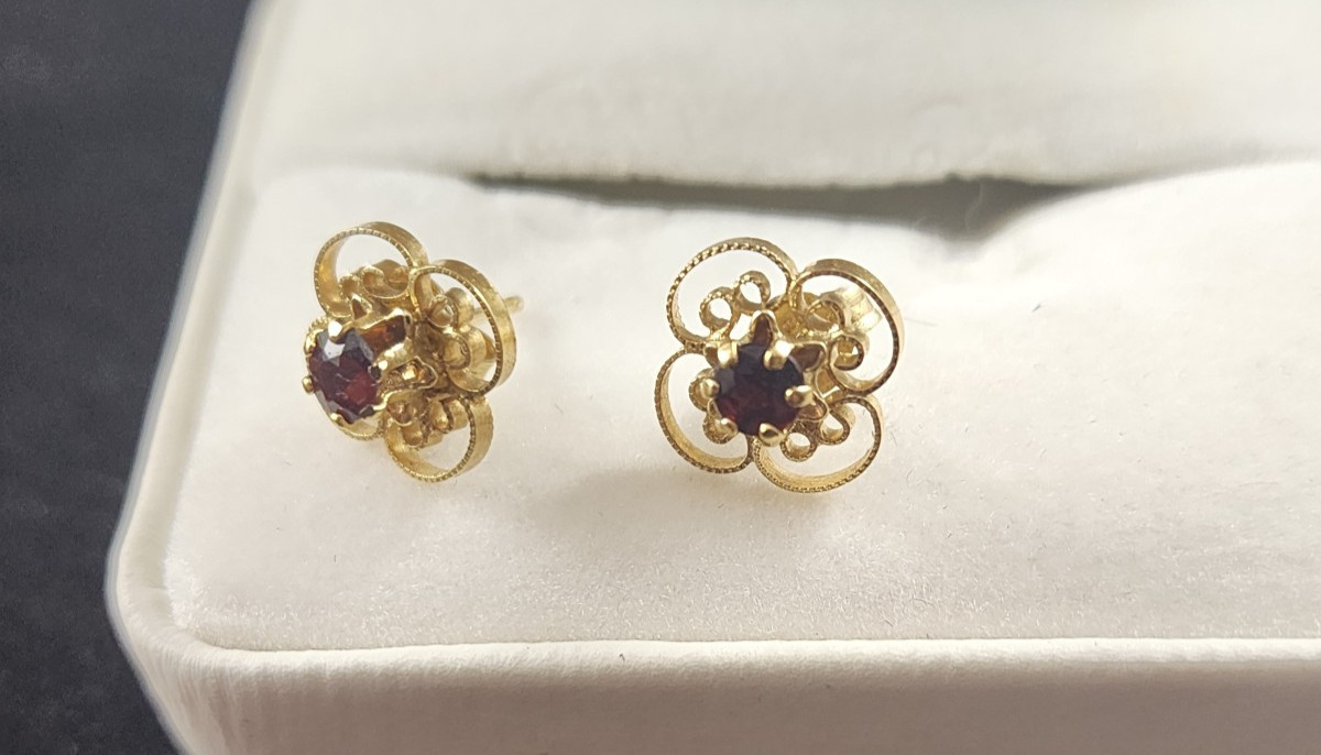 Vintage ING 12K Gold Filled Filigree earings, Smoky Quartz Retro Flower