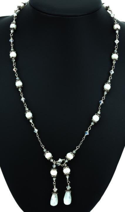 Sterling Silver Moonstone Pearl & Crystal Necklace 22 inches -Elegant!