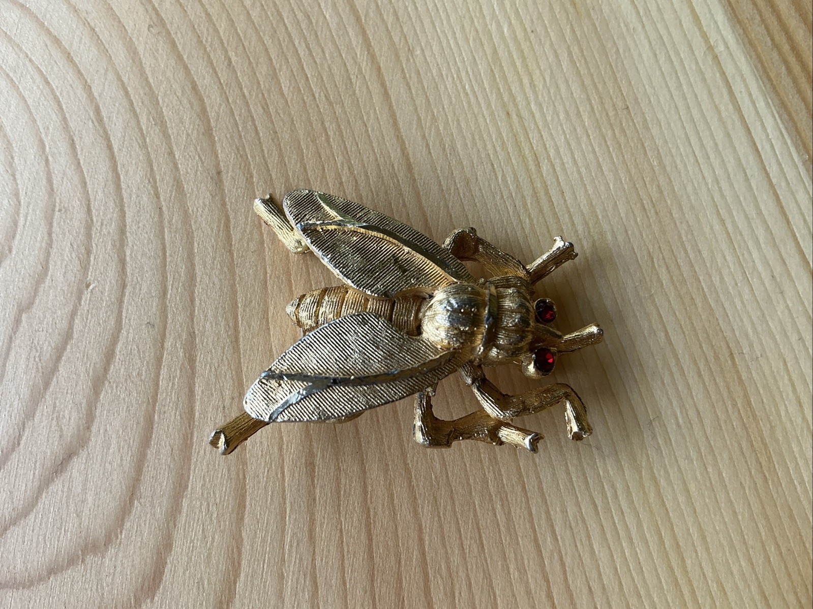 Vintage Fly Brooch Pin with Red Rhinestone Eyes Textured Gold Tone Medium Chunky