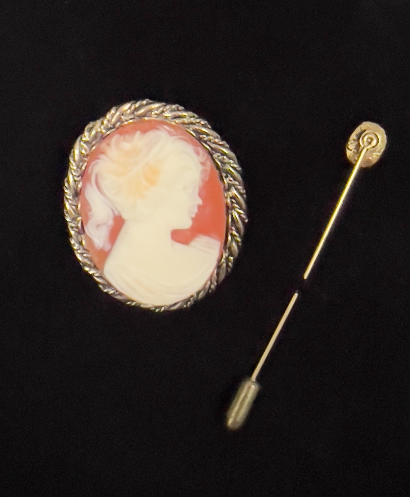 Vintage Gold Tone Orange & Cream Cameo Brooch & Cameo Stick Pin