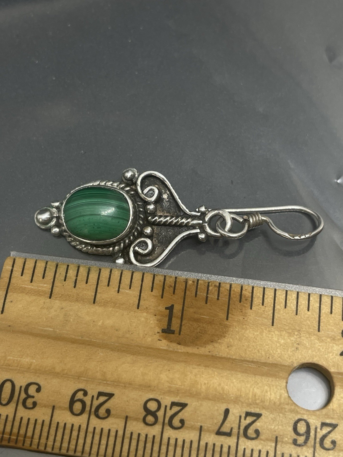 Vintage 925 Sterling Silver Malachite Fishhook Dangle 1.75” Earrings