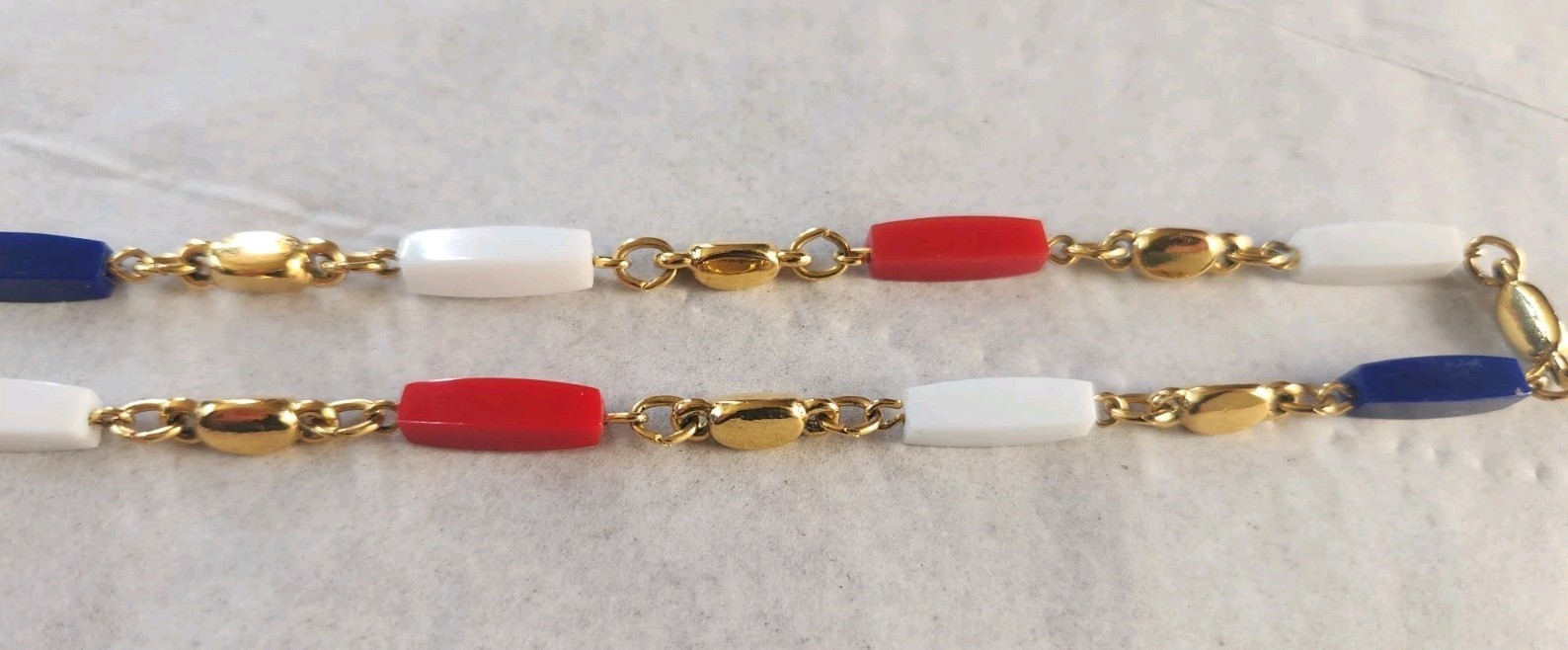 Trifari Necklace Clip On Earrings gold-tone Red, White & Blue Plastic Beads