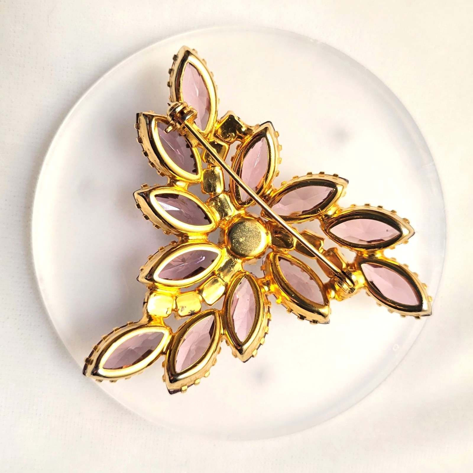 Vintage Lavender Navette Rhinestone Floral Spray Brooch AB Gold Tone 1960s