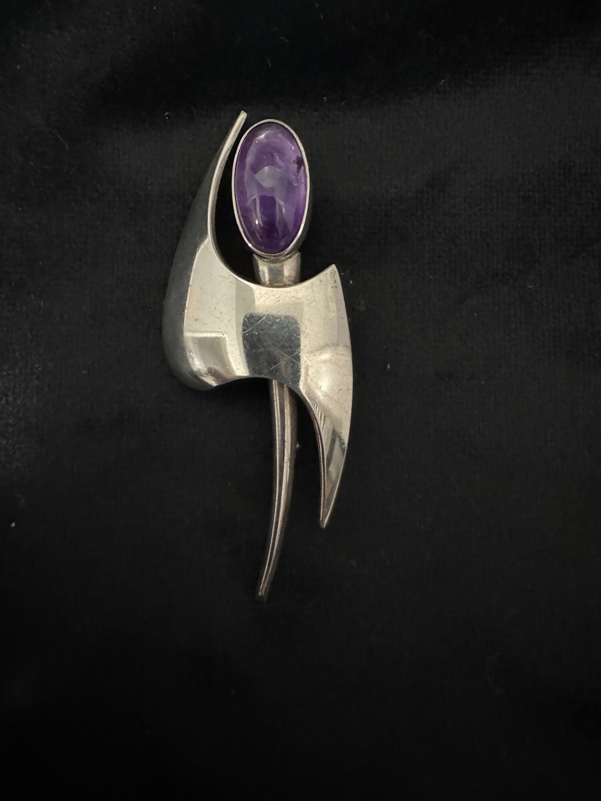 Vintage N.E. From Denmark Sterling Silver & Amethyst Cabochon Modernist Brooch