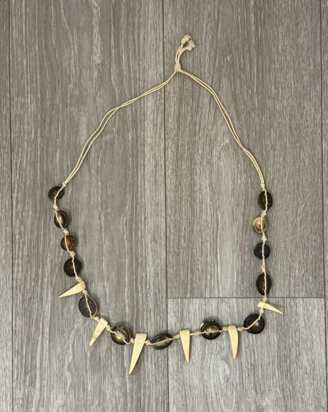 Vintage Handmade Knotted Carved Shell Boho Tribal Necklace