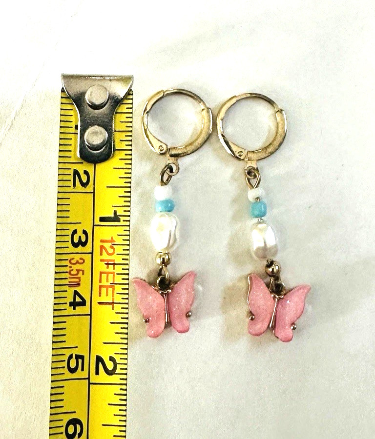Y2K Lucite Pink Butterfly Earrings Beaded Teal Pearly Drop Dangle Huggie Hoop