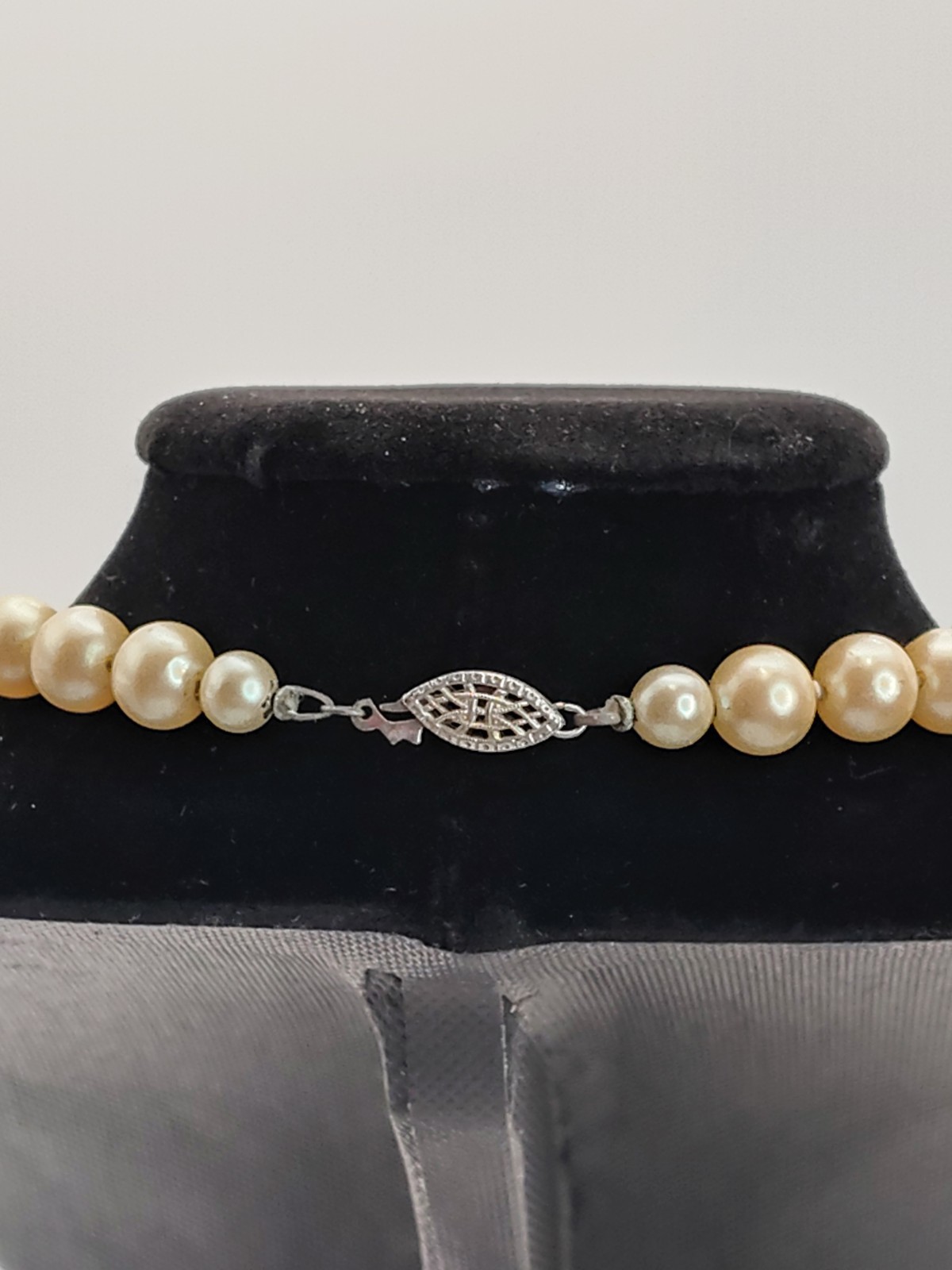 Vintage Hand Knot Glass Pearl Necklace Cream Flapper Filigree Safety Clasp 22″
