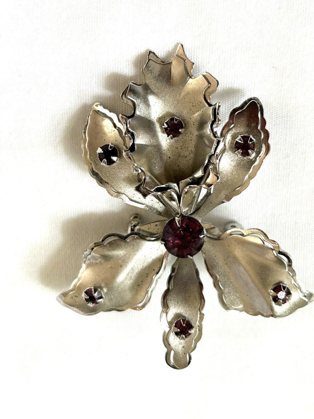 Vintage Orchid Brooch Pendant With Purple Clear Rhinestones Silver-tone