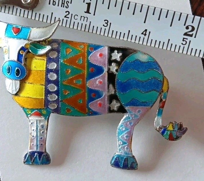 Zarah Enamel Cow Brooch Sterling Silver Colorful Folk Art Bull Pin Vintage 925