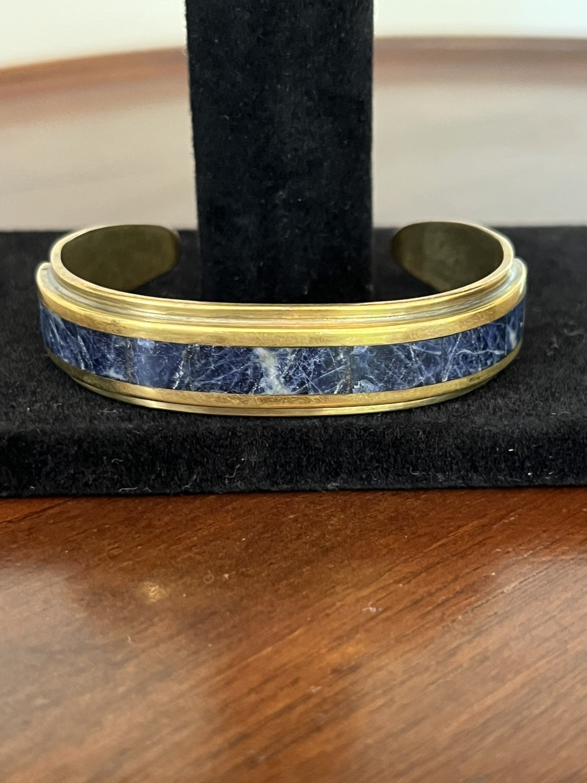Vintage Brass Cuff Bracelet with Blue Stone Inlay MCM Small 5.5″