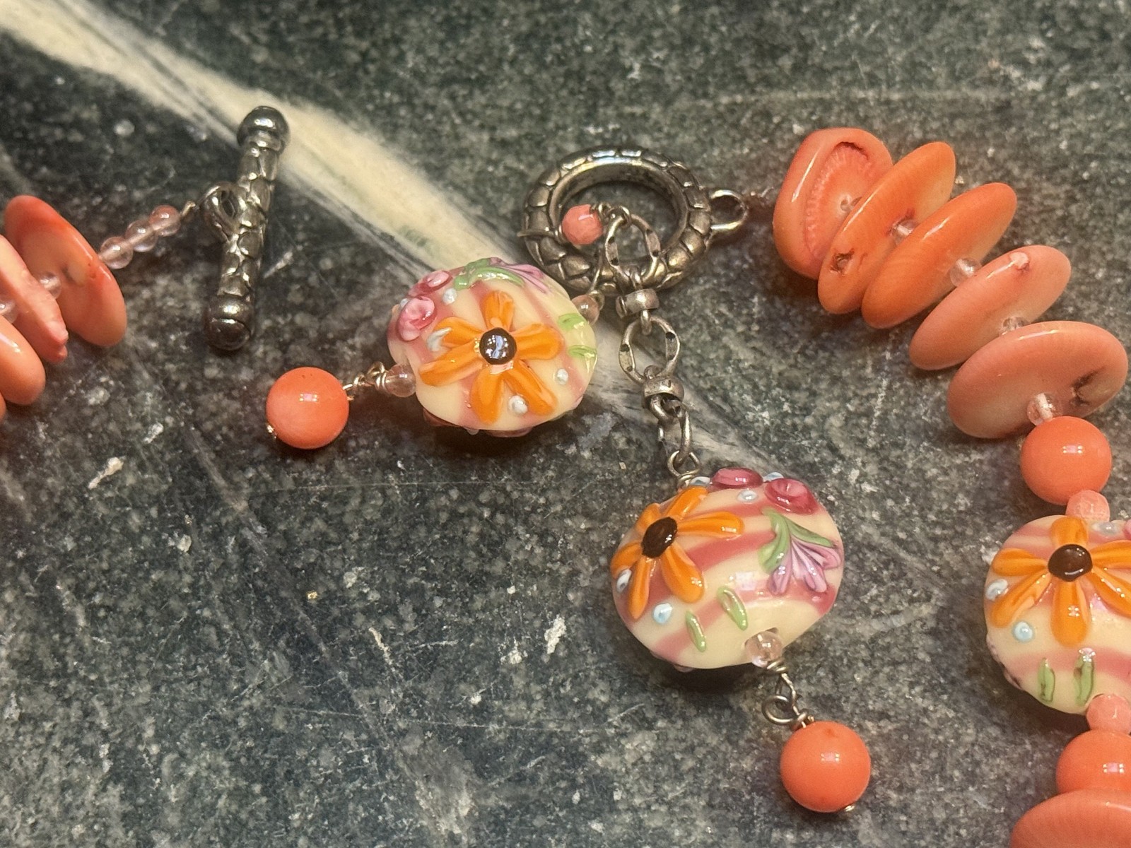 Vintage Artisan Genuine Coral and Lampwork Glass Bead Necklace