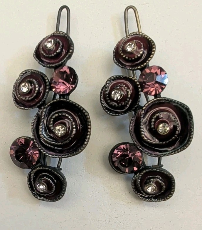 Vtg Style Floral Bobby Pins Hair Slides Black Gunmetal Purple Rhinestone Rose