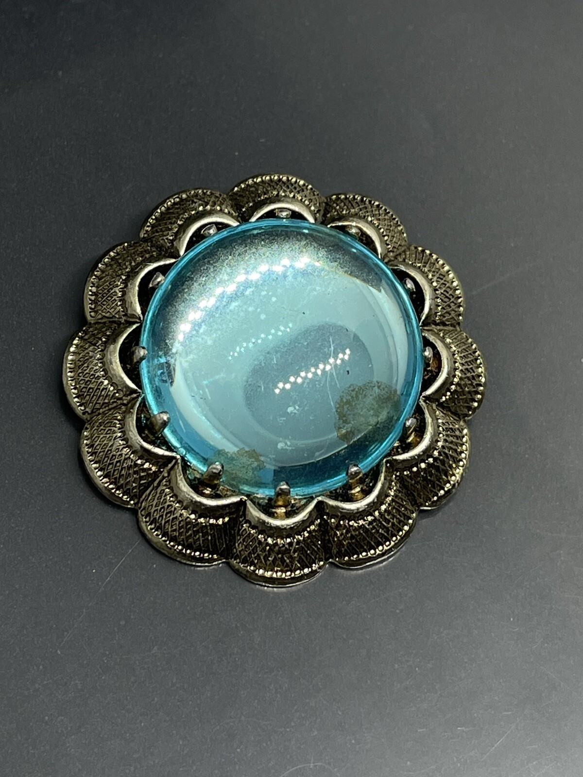 Vintage Signed W. GERMANY Very Light GoldTone Blue Lucite Cabochon Pin BROOCH