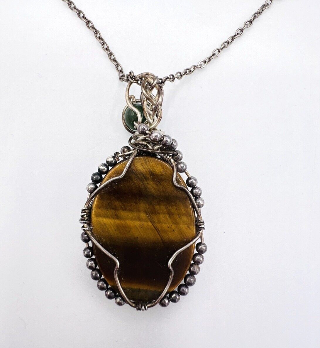 Vintage Sterling Silver Tiger’s Eye Jade Pendant Necklace