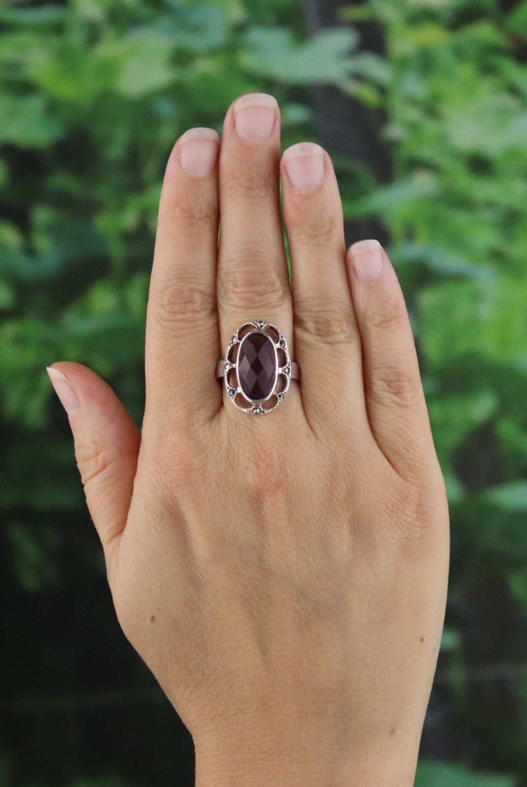 Sterling Silver Cushion Cut Purple Cubic Zirconia and Marcasite Ring Size 8 1/4